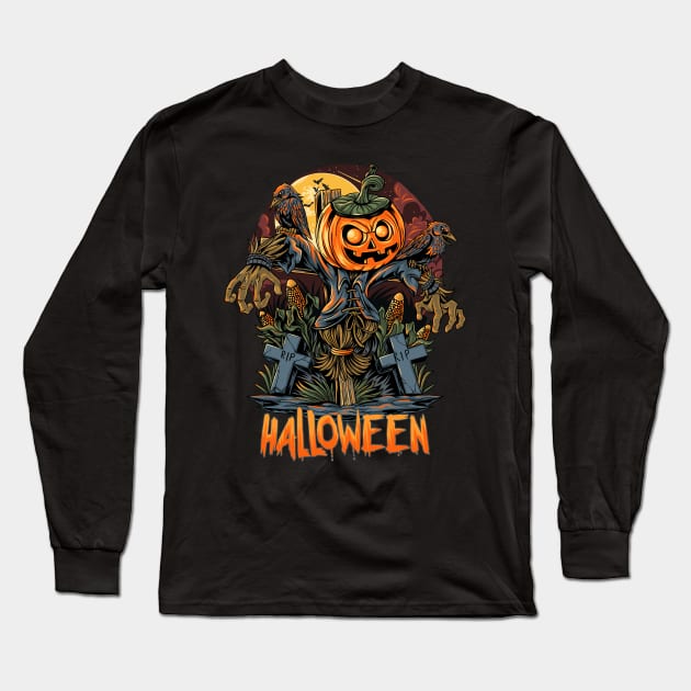 Halloween Scarecrow Pumpkin Head Long Sleeve T-Shirt by nissiu